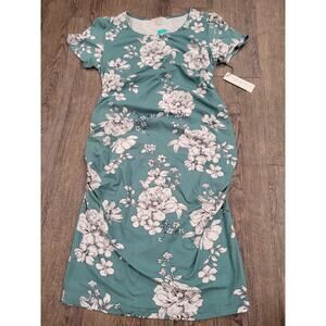 Nine Britton Floral Maternity Short Sleeve Dress Green Spring Ruched Sides L
